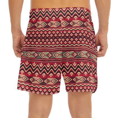 Red African Tribal Pattern Print Men's Split Running Shorts