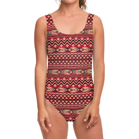 Red African Tribal Pattern Print One Piece Swimsuit