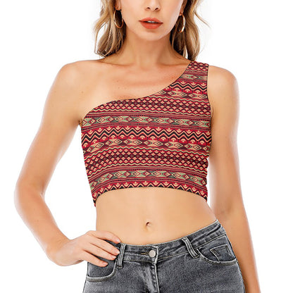 Red African Tribal Pattern Print One Shoulder Crop Top