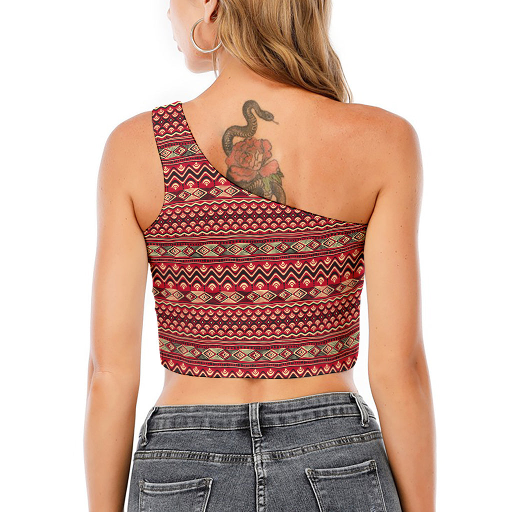 Red African Tribal Pattern Print One Shoulder Crop Top