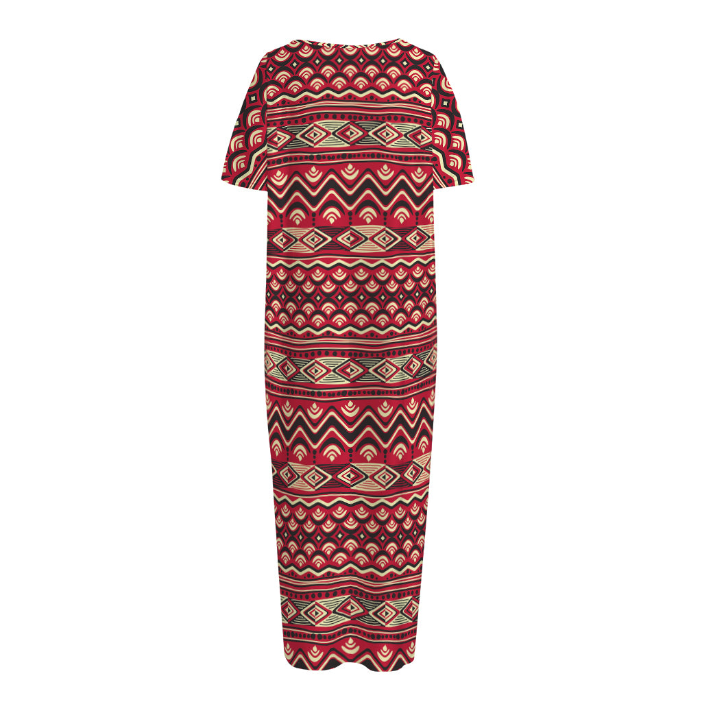 Red African Tribal Pattern Print Short Sleeve Long Nightdress