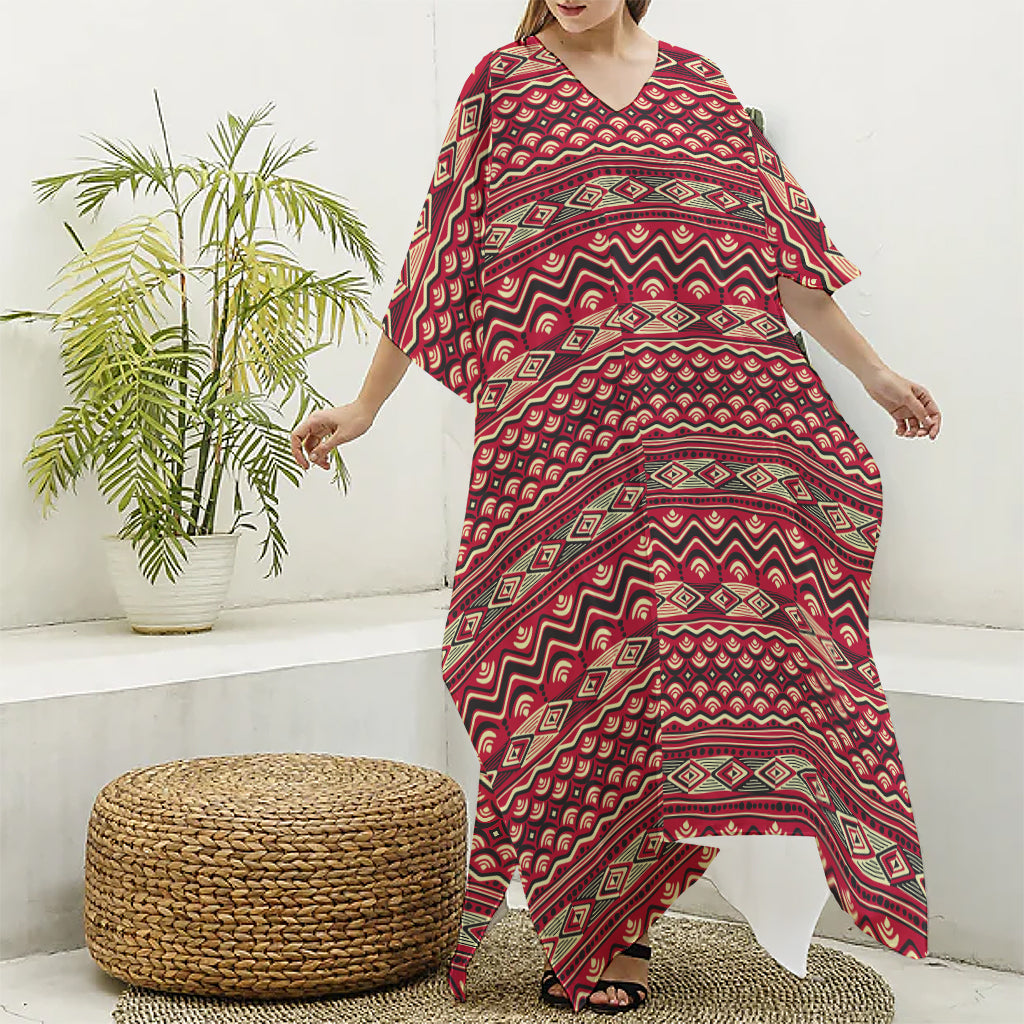 Red African Tribal Pattern Print Silk V-Neck Kaftan Dress