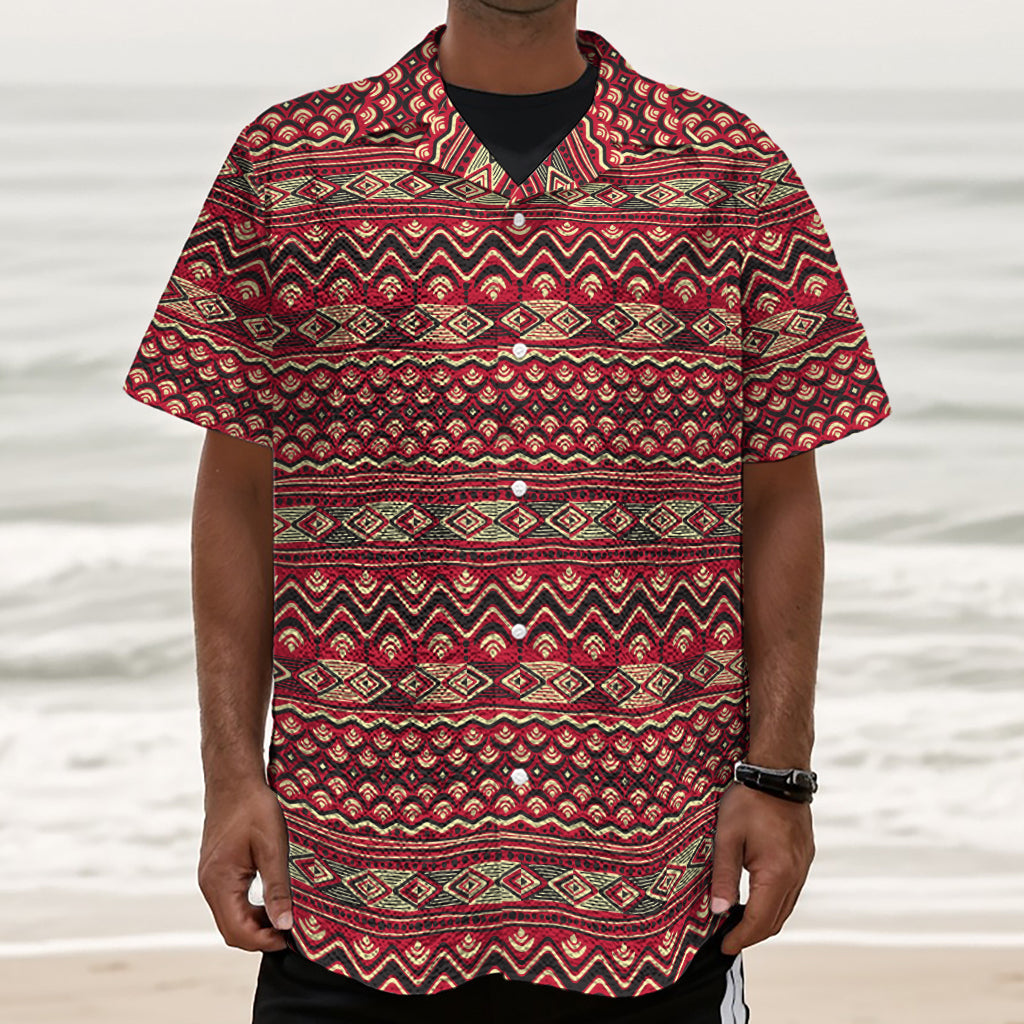 Red African Tribal Pattern Print Textured Short Sleeve Shirt