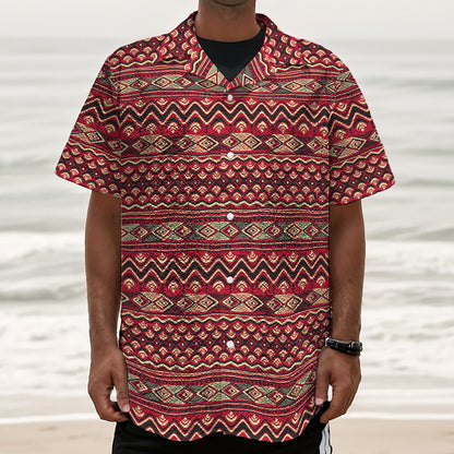 Red African Tribal Pattern Print Textured Short Sleeve Shirt