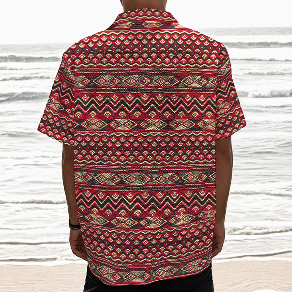 Red African Tribal Pattern Print Textured Short Sleeve Shirt