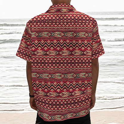 Red African Tribal Pattern Print Textured Short Sleeve Shirt