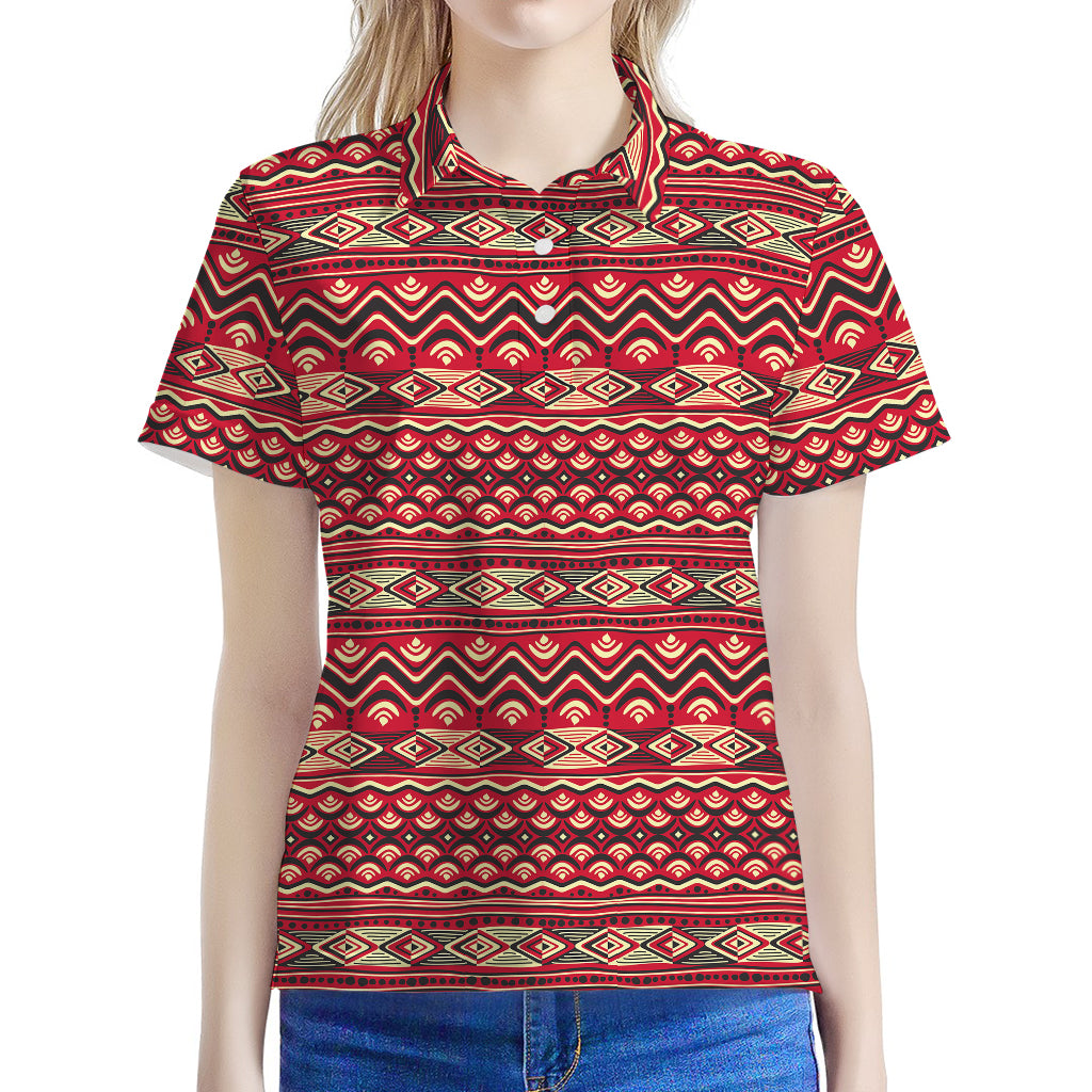 Red African Tribal Pattern Print Women's Polo Shirt