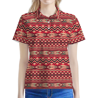 Red African Tribal Pattern Print Women's Polo Shirt