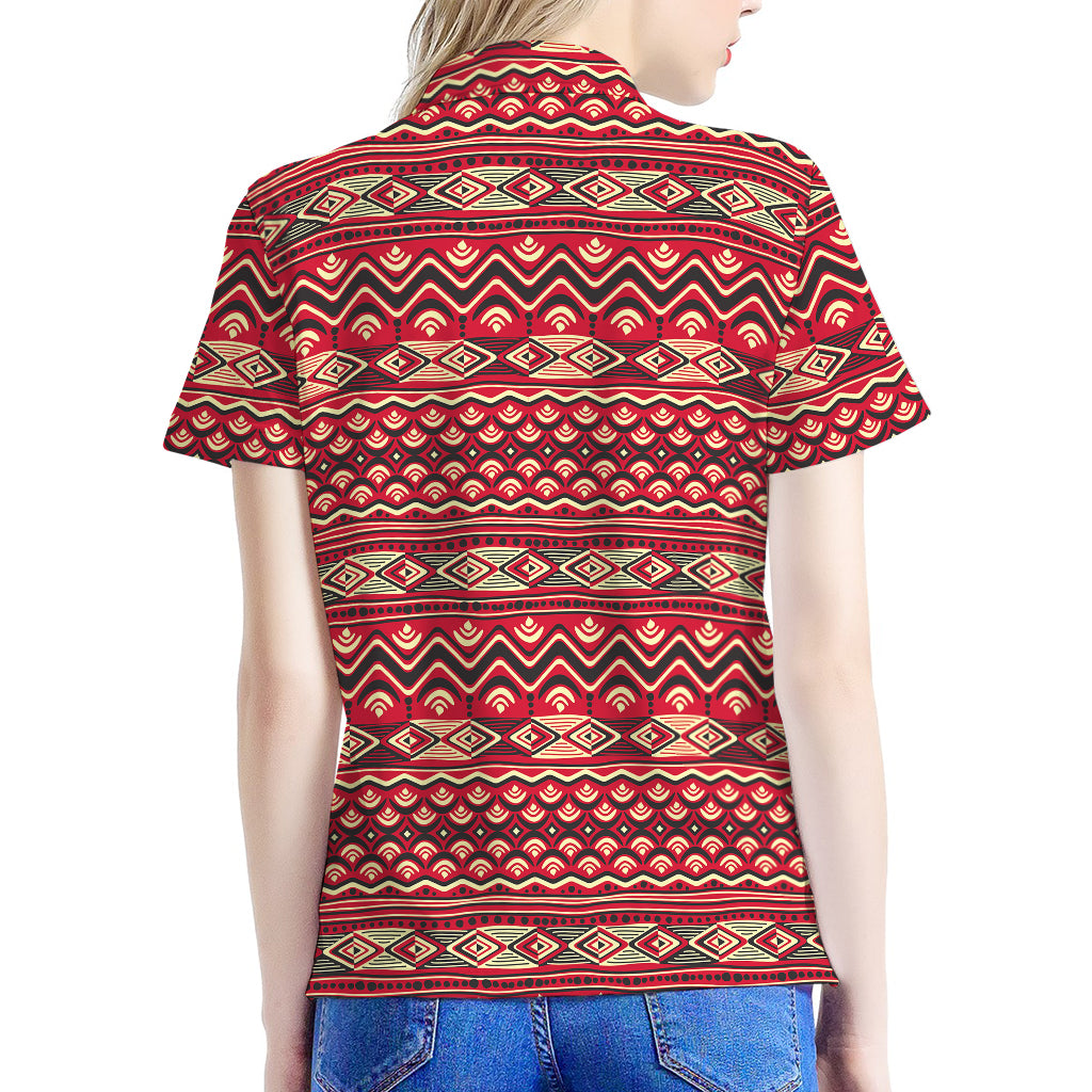 Red African Tribal Pattern Print Women's Polo Shirt