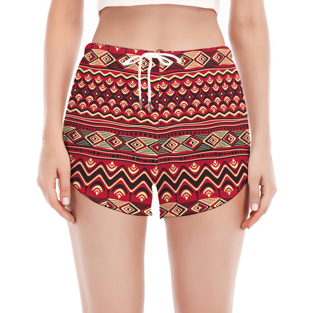 Red African Tribal Pattern Print Women's Split Running Shorts