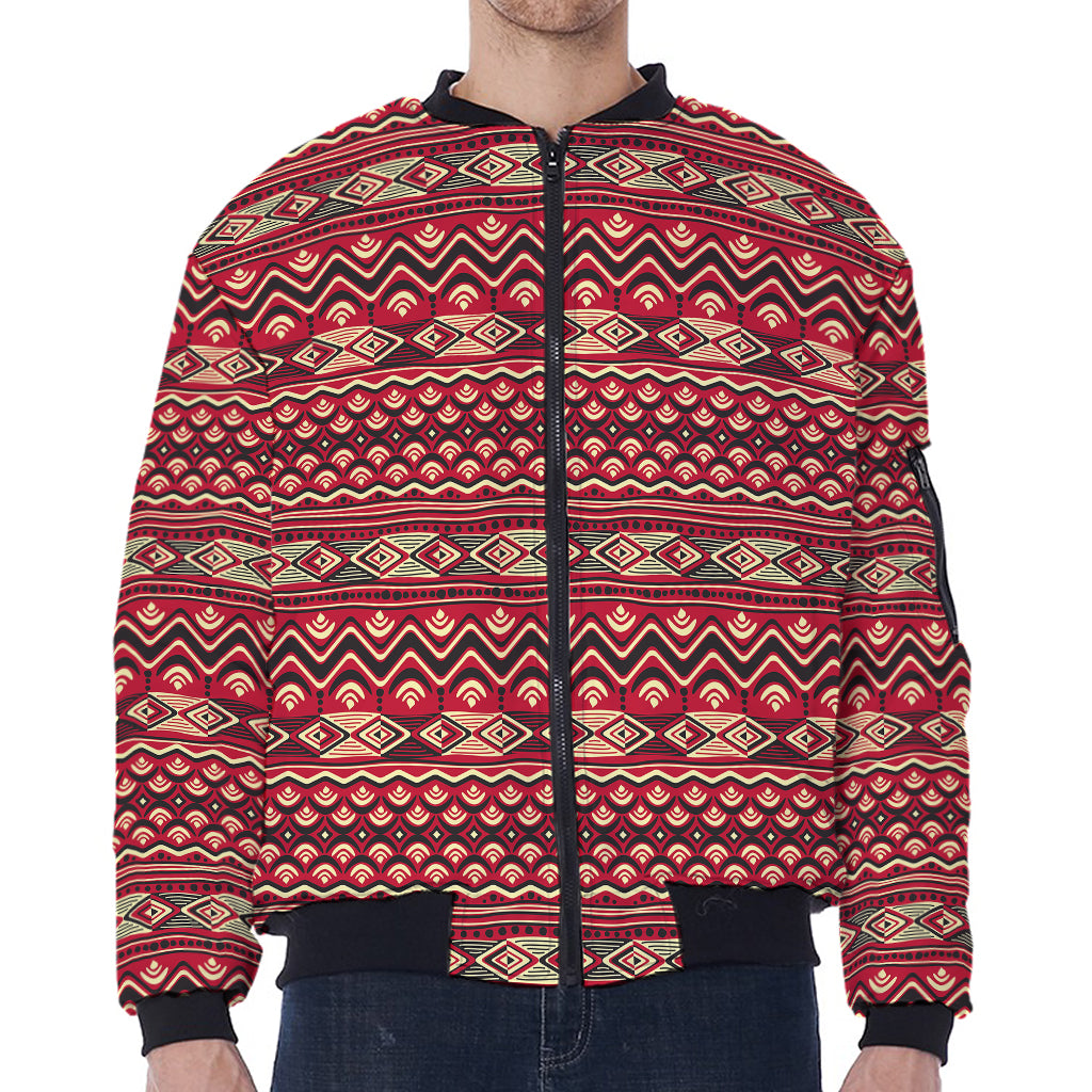 Red African Tribal Pattern Print Zip Sleeve Bomber Jacket