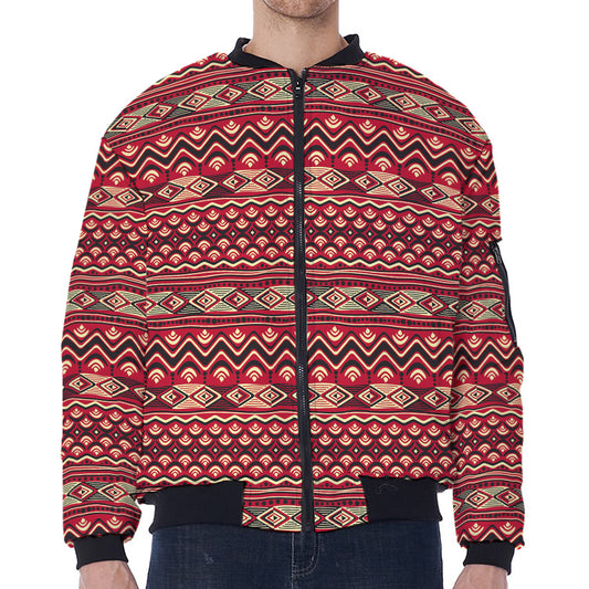 Red African Tribal Pattern Print Zip Sleeve Bomber Jacket