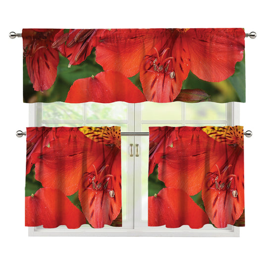 Red Alstroemeria Print 3 Piece Kitchen Curtains