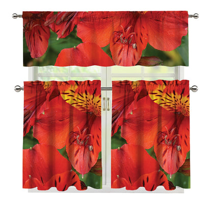 Red Alstroemeria Print 3 Piece Kitchen Curtains