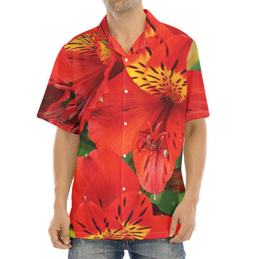 Red Alstroemeria Print Aloha Shirt