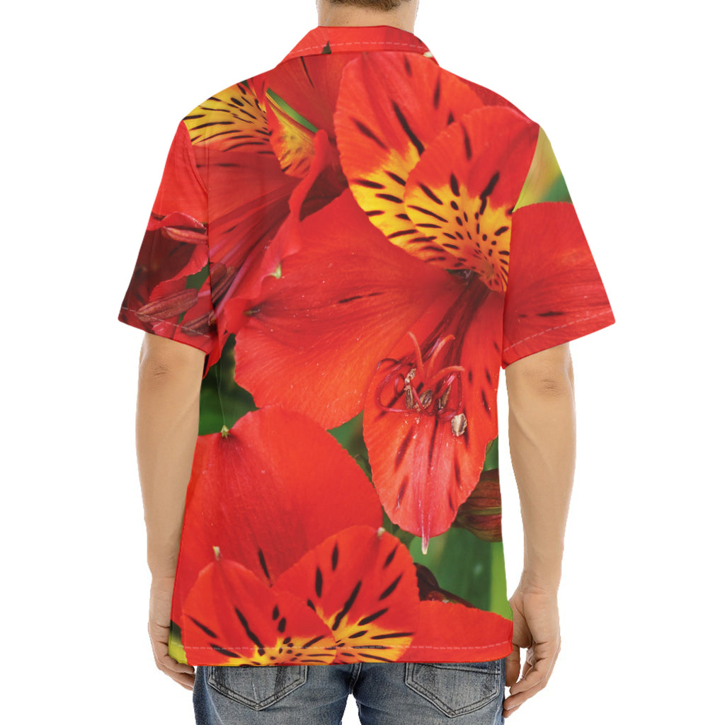 Red Alstroemeria Print Aloha Shirt
