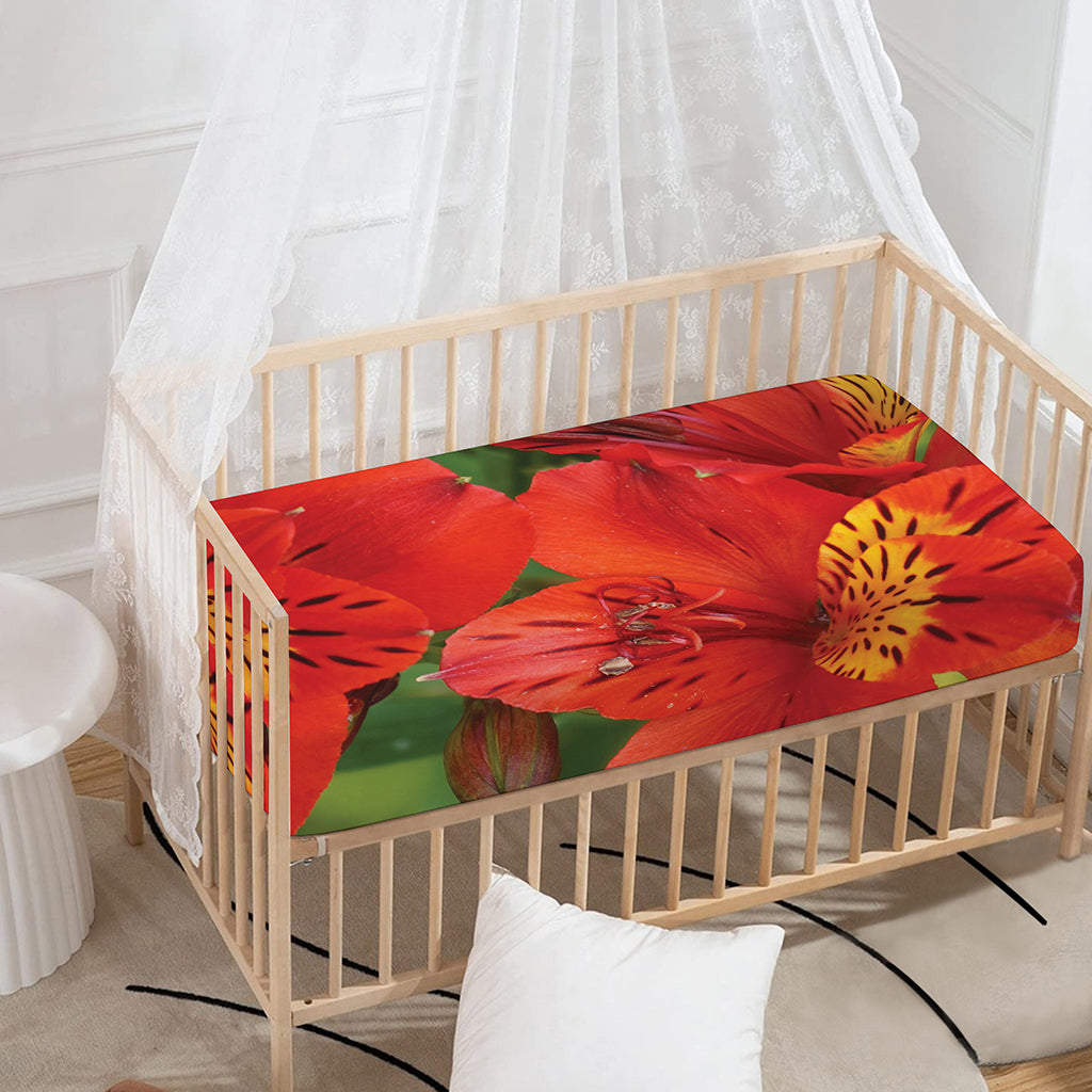 Red Alstroemeria Print Baby Crib Sheet