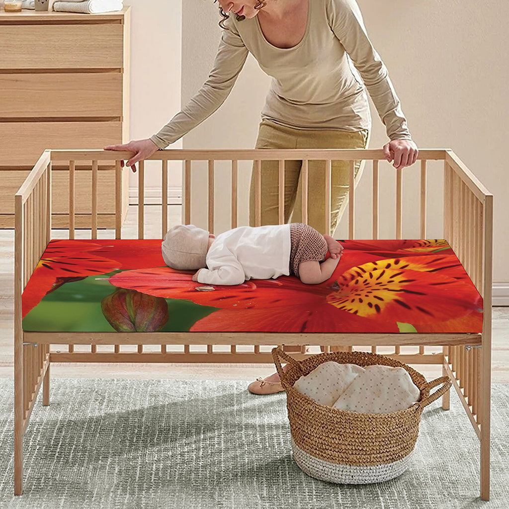 Red Alstroemeria Print Baby Crib Sheet
