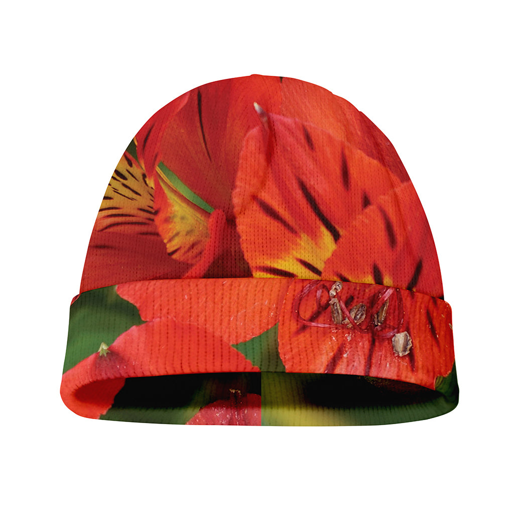 Red Alstroemeria Print Beanie