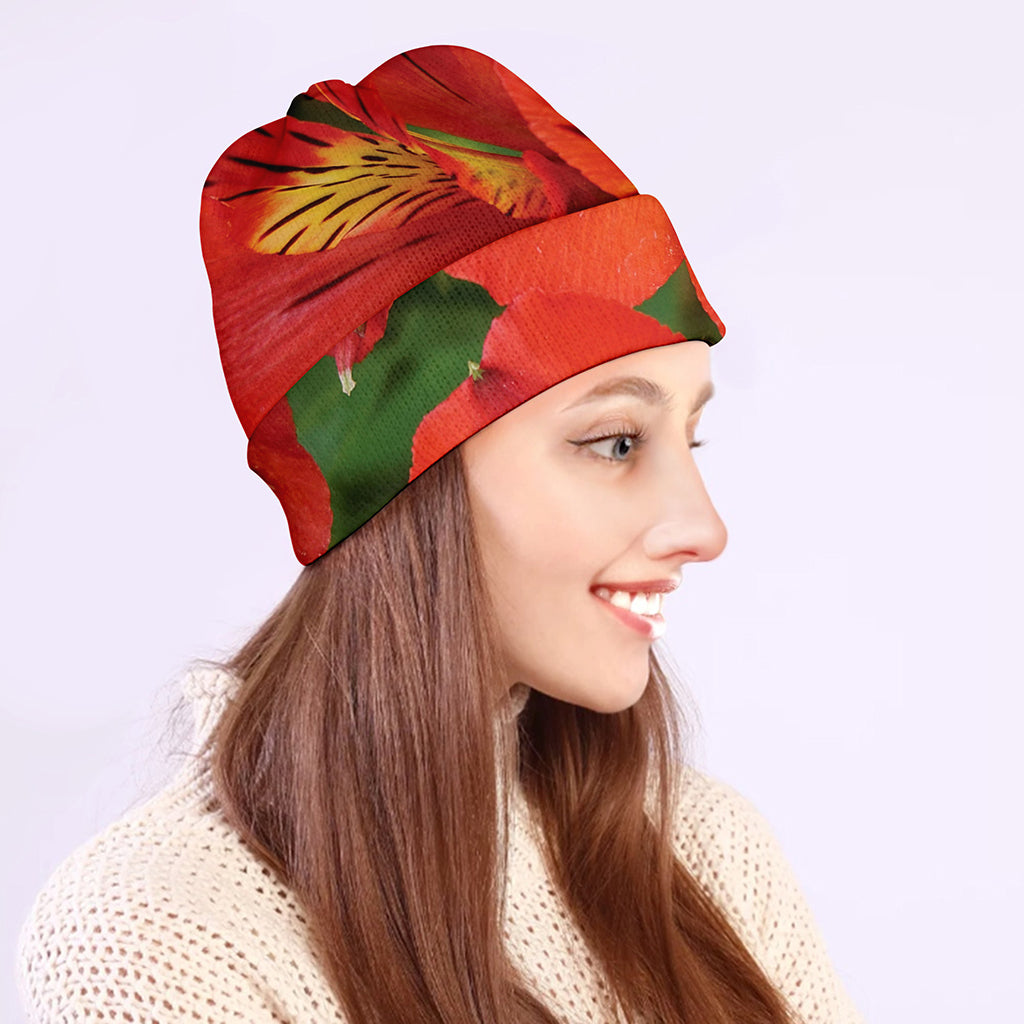 Red Alstroemeria Print Beanie