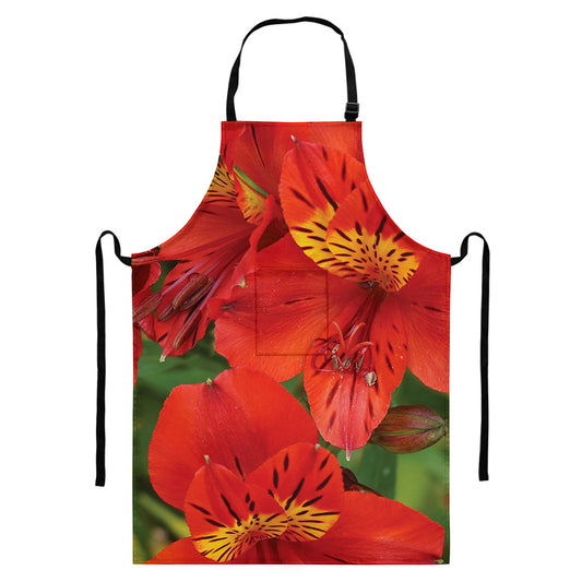 Red Alstroemeria Print Bib Apron With Pocket