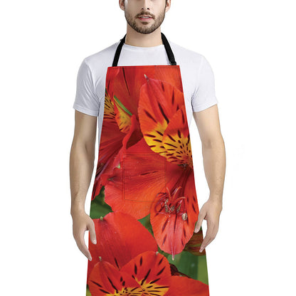Red Alstroemeria Print Bib Apron With Pocket