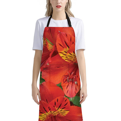 Red Alstroemeria Print Bib Apron With Pocket