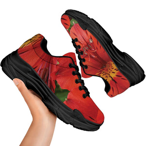 Red Alstroemeria Print Black Chunky Shoes