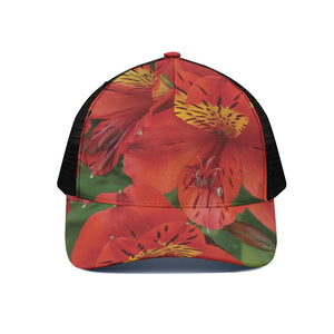 Red Alstroemeria Print Black Mesh Trucker Cap