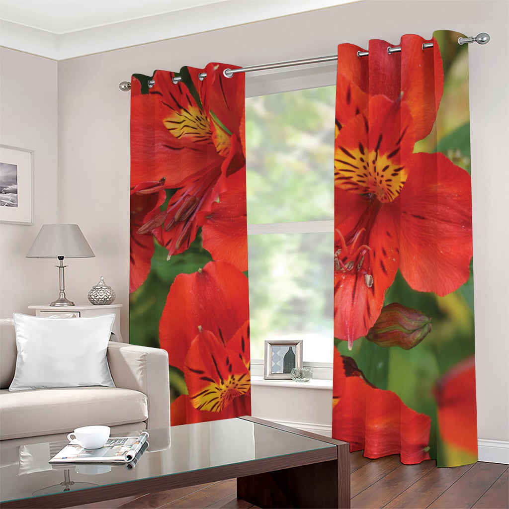 Red Alstroemeria Print Blackout Grommet Curtains