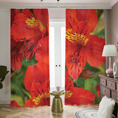 Red Alstroemeria Print Blackout Pencil Pleat Curtains