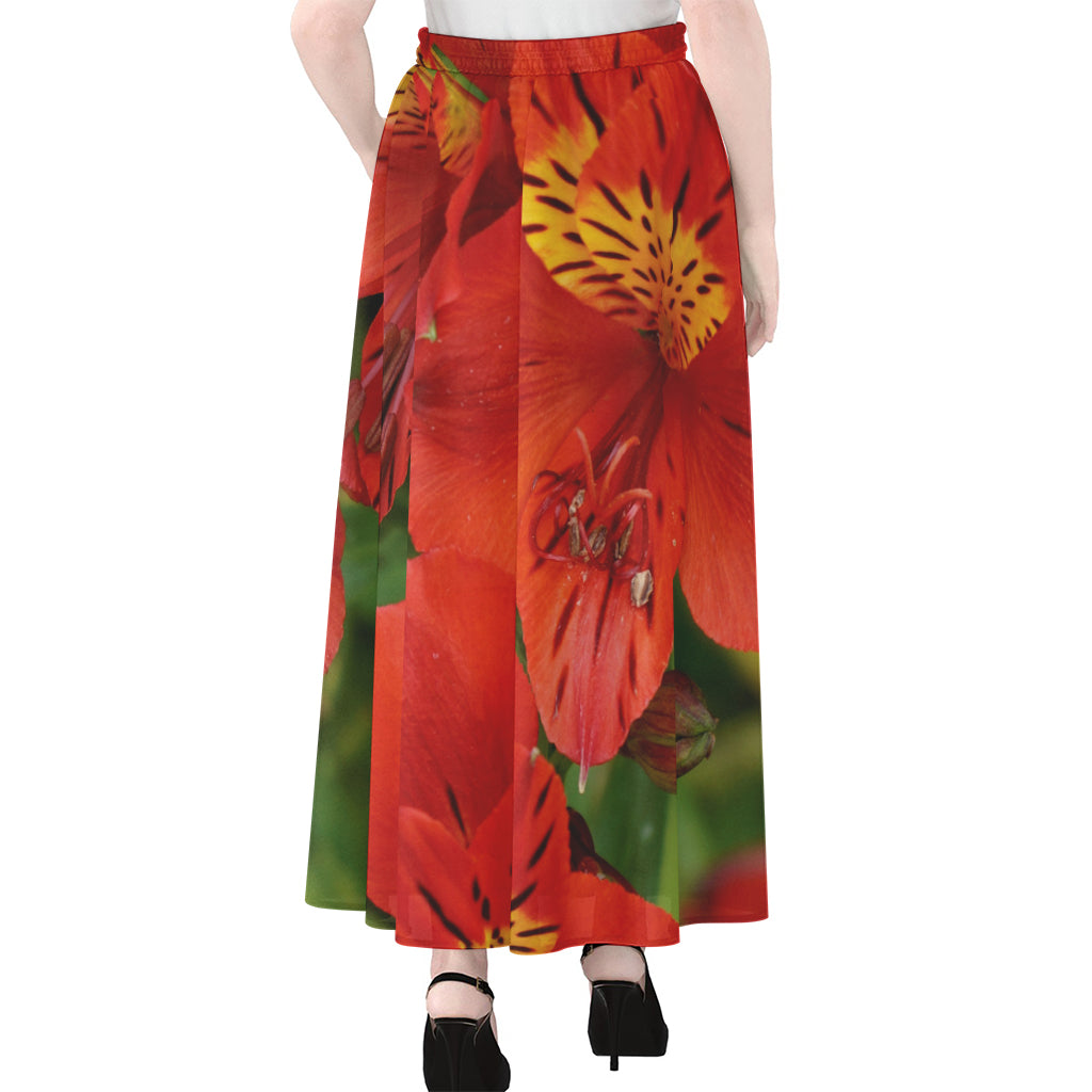 Red Alstroemeria Print Chiffon Maxi Skirt