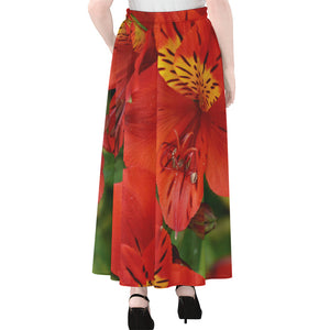 Red Alstroemeria Print Chiffon Maxi Skirt