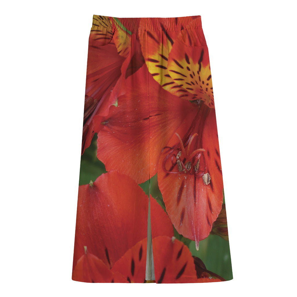 Red Alstroemeria Print Cotton Front Slit Maxi Skirt