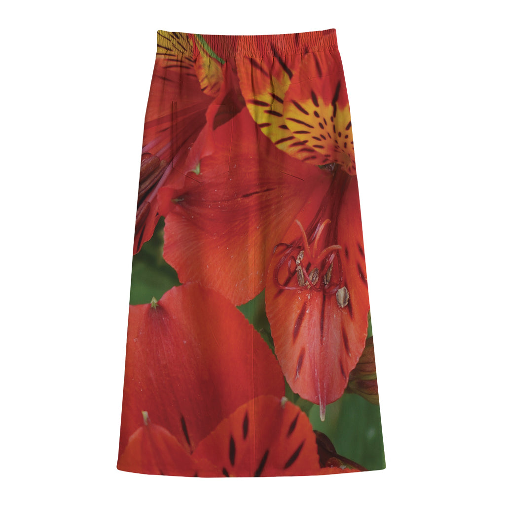 Red Alstroemeria Print Cotton Front Slit Maxi Skirt