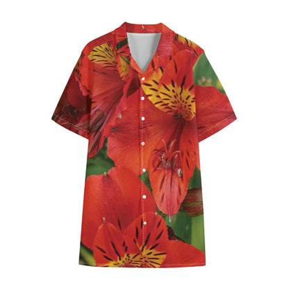 Red Alstroemeria Print Cotton Hawaiian Shirt