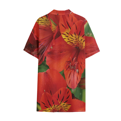 Red Alstroemeria Print Cotton Hawaiian Shirt