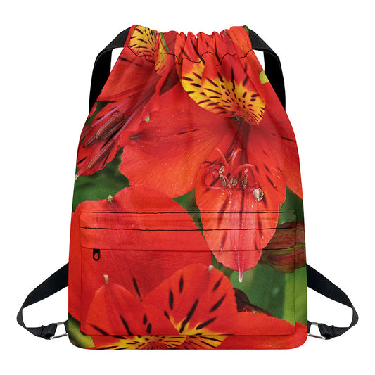 Red Alstroemeria Print Drawstring Backpack