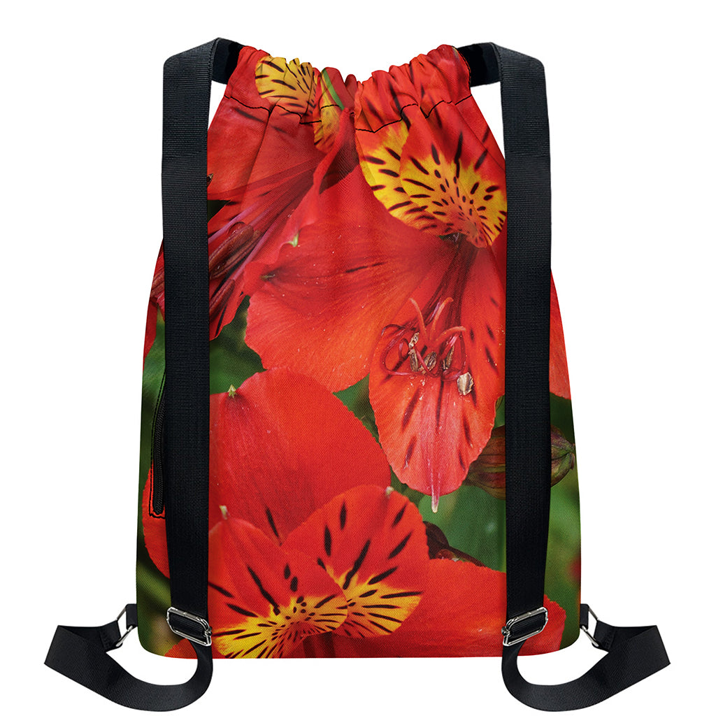 Red Alstroemeria Print Drawstring Backpack