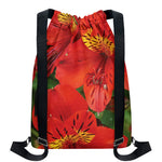 Red Alstroemeria Print Drawstring Backpack