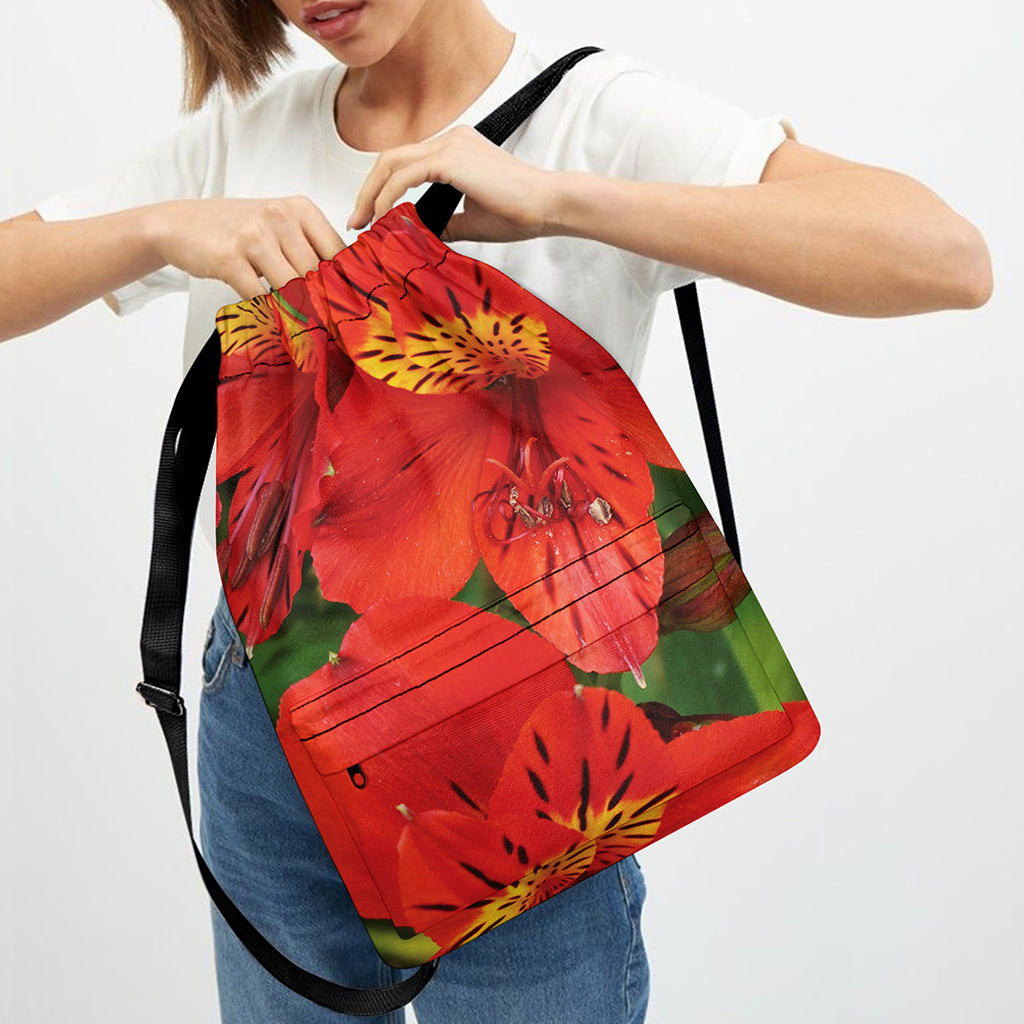 Red Alstroemeria Print Drawstring Backpack