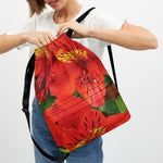 Red Alstroemeria Print Drawstring Backpack