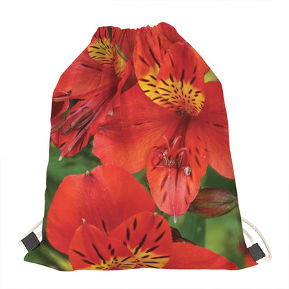 Red Alstroemeria Print Drawstring Bag