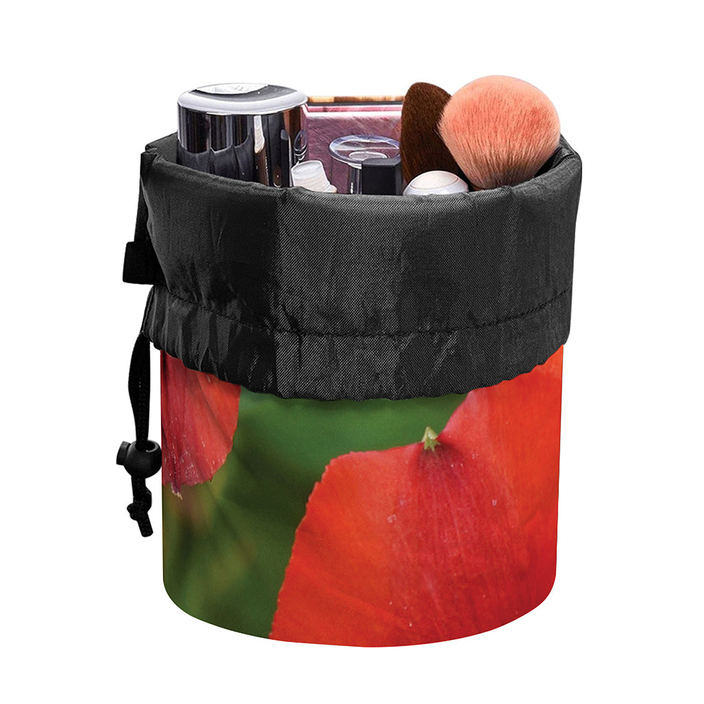 Red Alstroemeria Print Drawstring Makeup Bag