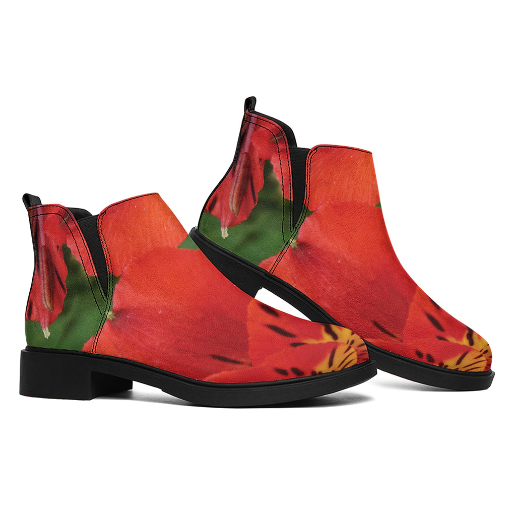 Red Alstroemeria Print Flat Ankle Boots