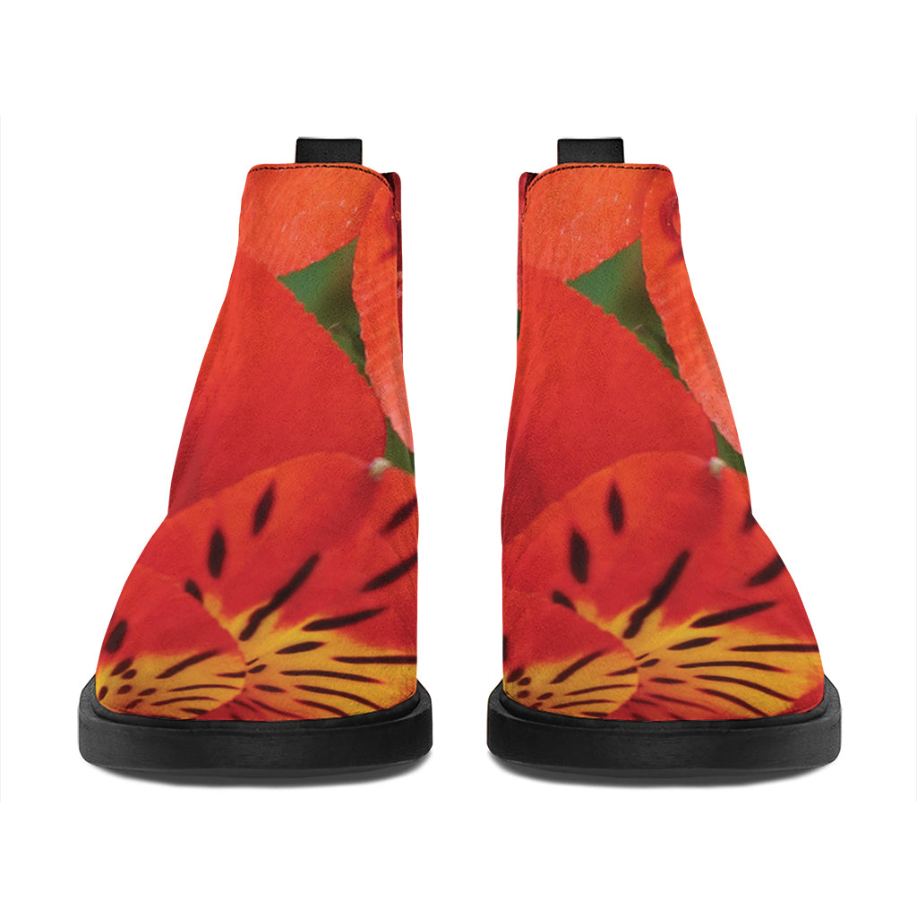 Red Alstroemeria Print Flat Ankle Boots