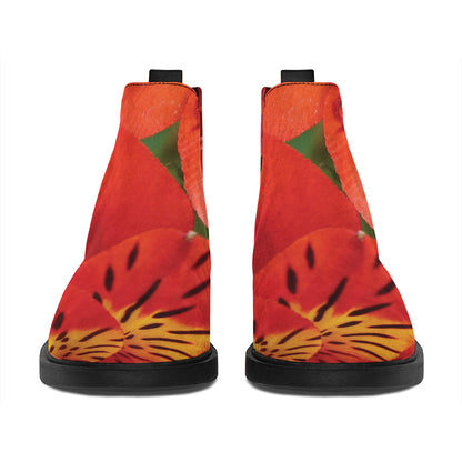Red Alstroemeria Print Flat Ankle Boots