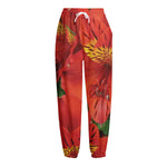 Red Alstroemeria Print Fleece Lined Knit Pants