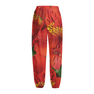 Red Alstroemeria Print Fleece Lined Knit Pants