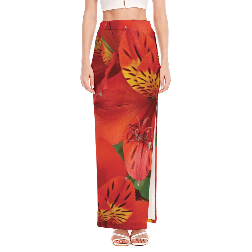 Red Alstroemeria Print High Slit Maxi Skirt